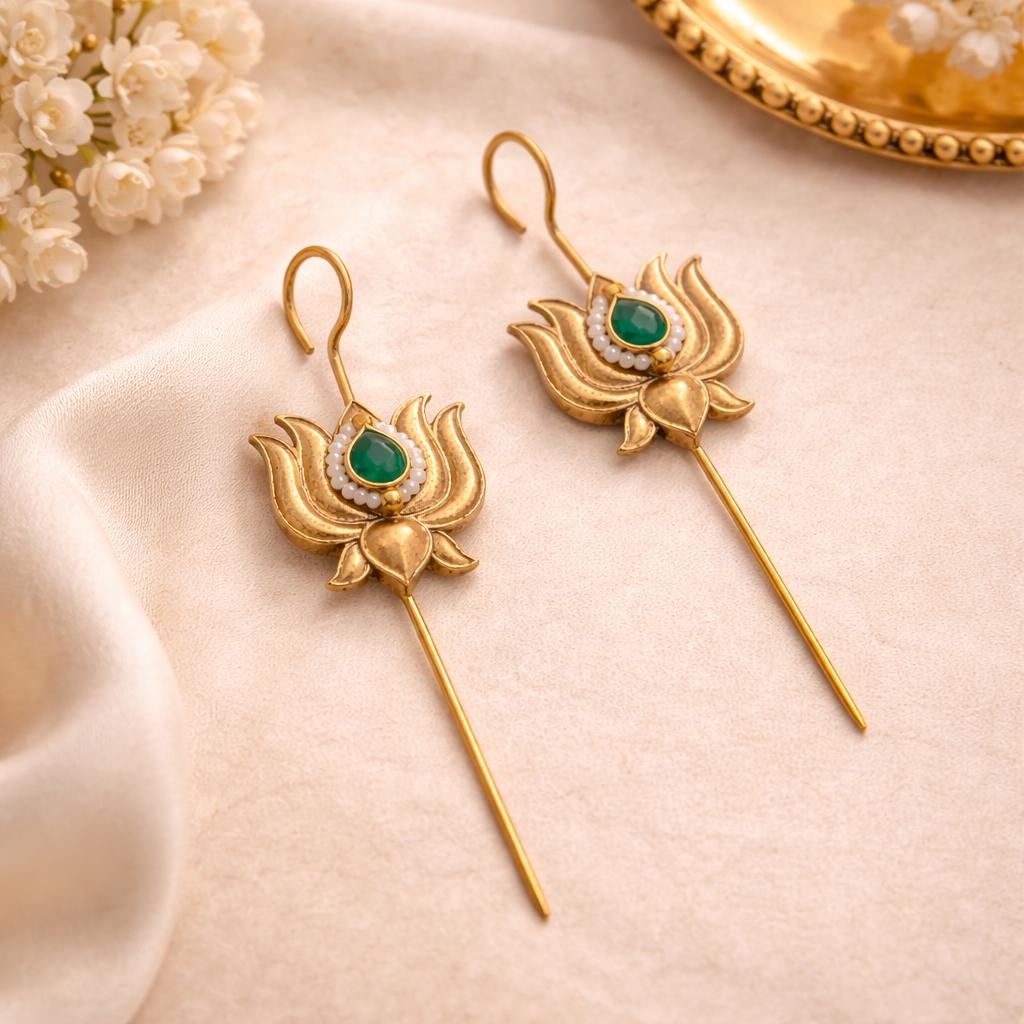 Majestic Green Lotus Needle Earcuffs