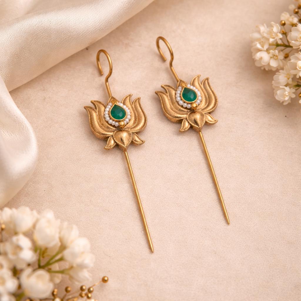Majestic Green Lotus Needle Earcuffs