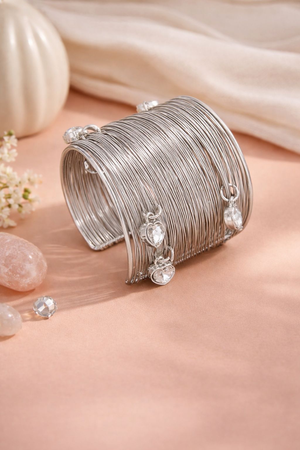 Heart-Charm Mesh Cuff Bracelet