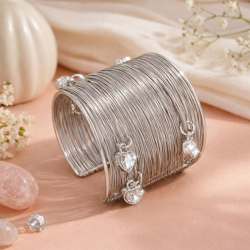 Heart-Charm Mesh Cuff Bracelet