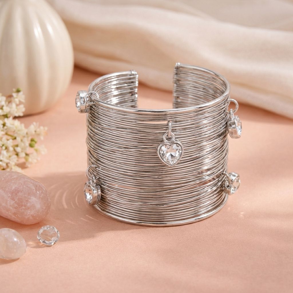 Heart-Charm Mesh Cuff Bracelet