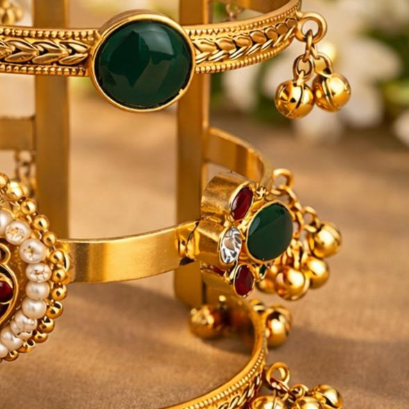 Gold-Plated Pachi Kundan Hand Cuff with Ghungroo Charms