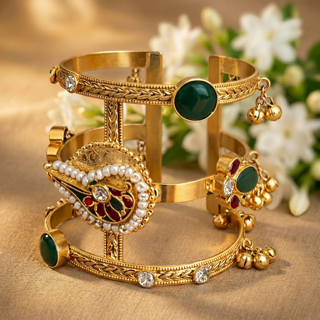 Gold-Plated Pachi Kundan Hand Cuff with Ghungroo Charms