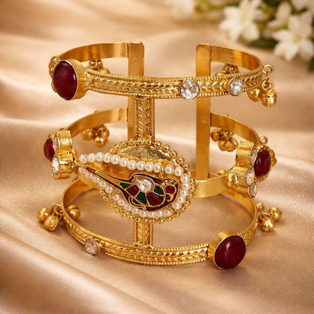Gold-Plated Pachi Kundan Hand Cuff with Ghungroo Charms