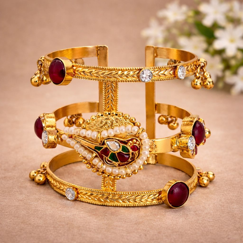 Gold-Plated Pachi Kundan Hand Cuff with Ghungroo Charms