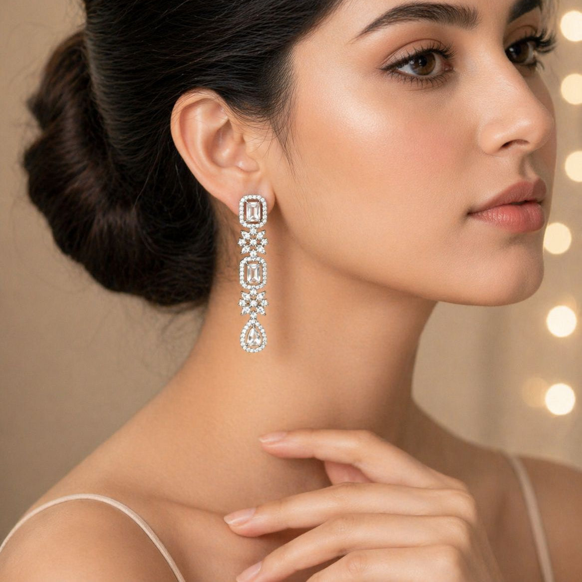 Classic White Cubic Zirconia Drop Earrings with Floral Detailing