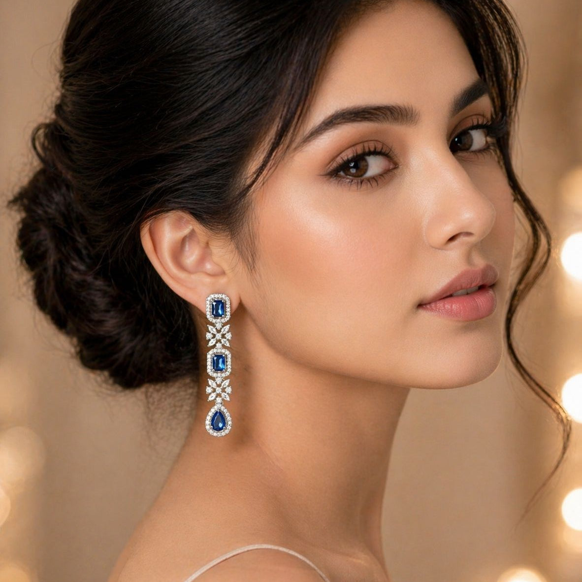 Royal Blue Cubic Zirconia Drop Earrings with Floral Detailing
