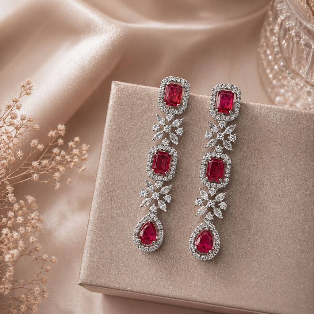 Ruby Red Cubic Zirconia Drop Earrings with Floral Detailing