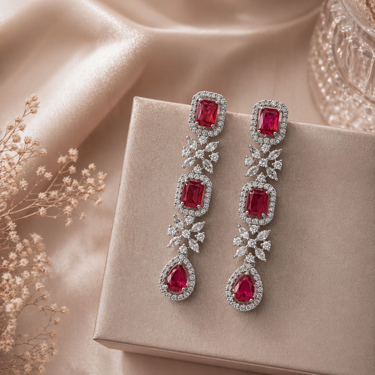 Ruby Red Cubic Zirconia Drop Earrings with Floral Detailing