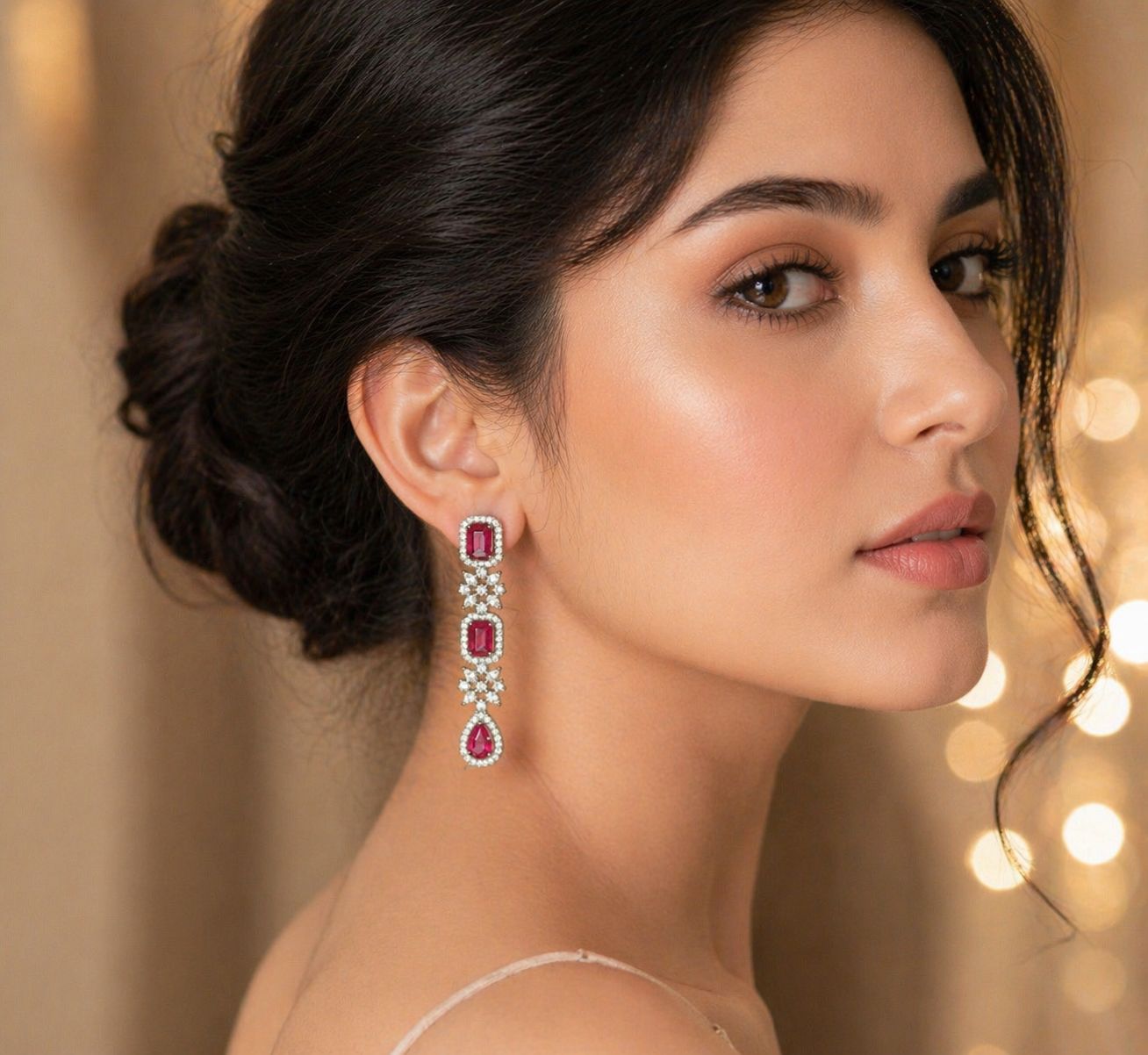 Ruby Red Cubic Zirconia Drop Earrings with Floral Detailing