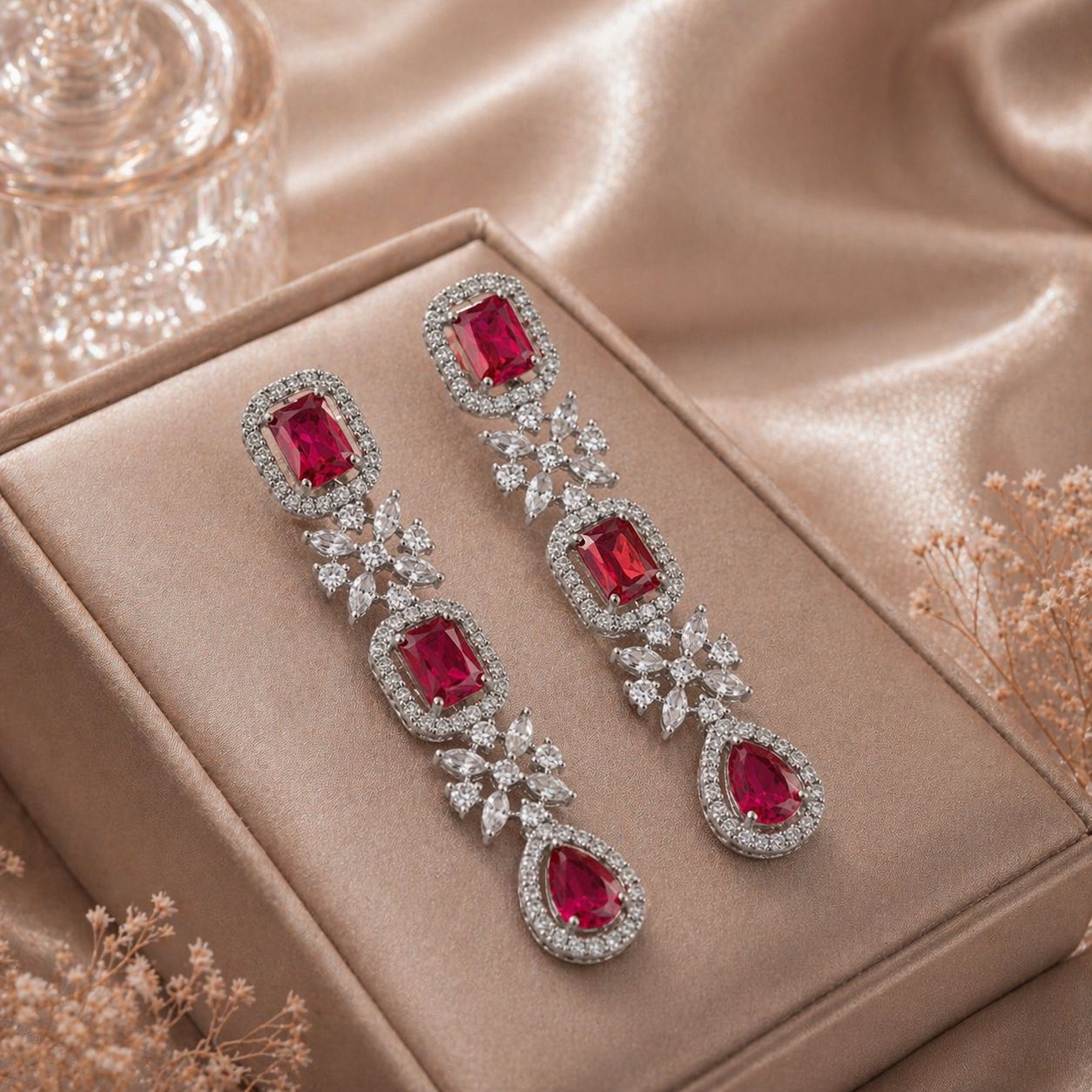 Ruby Red Cubic Zirconia Drop Earrings with Floral Detailing