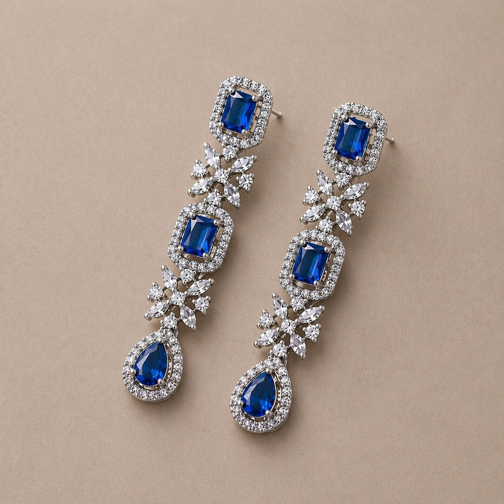 Royal Blue Cubic Zirconia Drop Earrings with Floral Detailing