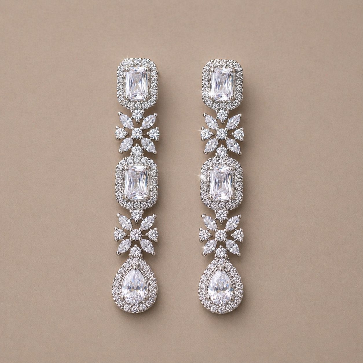 Classic White Cubic Zirconia Drop Earrings with Floral Detailing