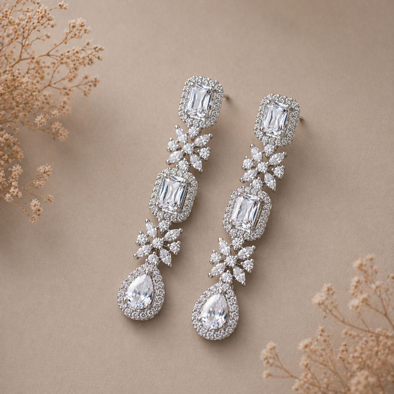 Classic White Cubic Zirconia Drop Earrings with Floral Detailing