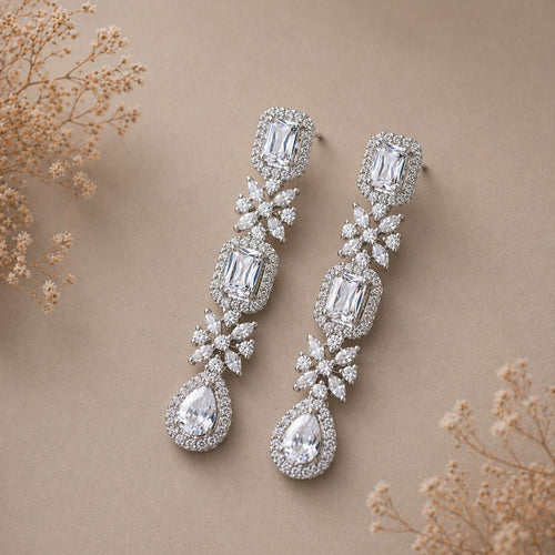 Classic White Cubic Zirconia Drop Earrings with Floral Detailing