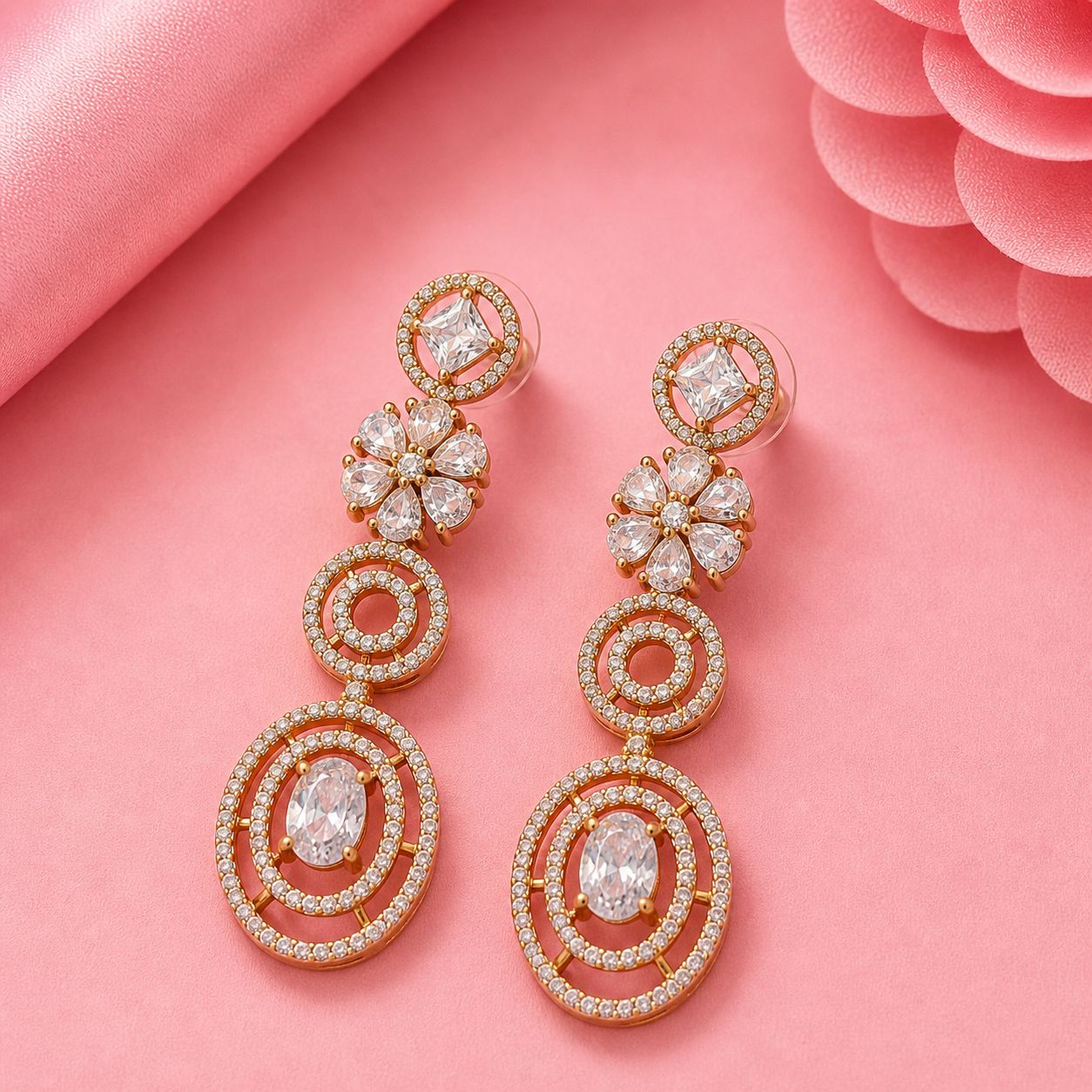 All-White AD Dangle Earrings ( in Rhodium & Mehandi Plating)