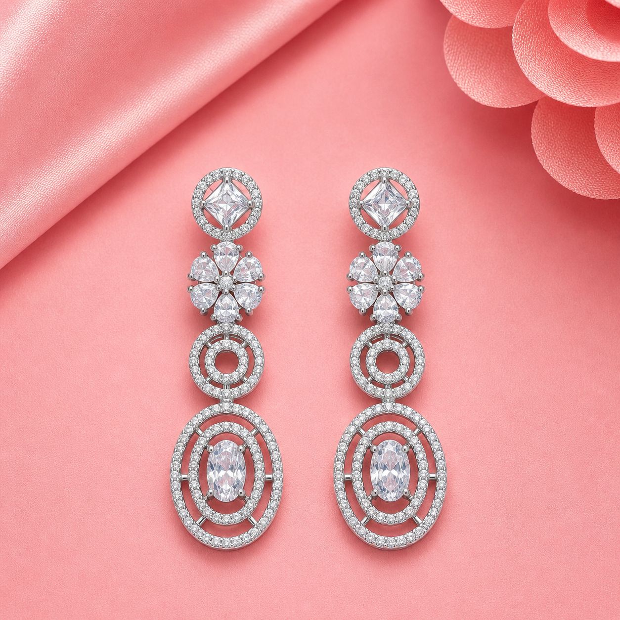 All-White AD Dangle Earrings ( in Rhodium & Mehandi Plating)
