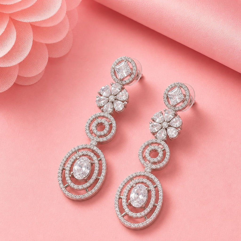 All-White AD Dangle Earrings ( in Rhodium & Mehandi Plating)