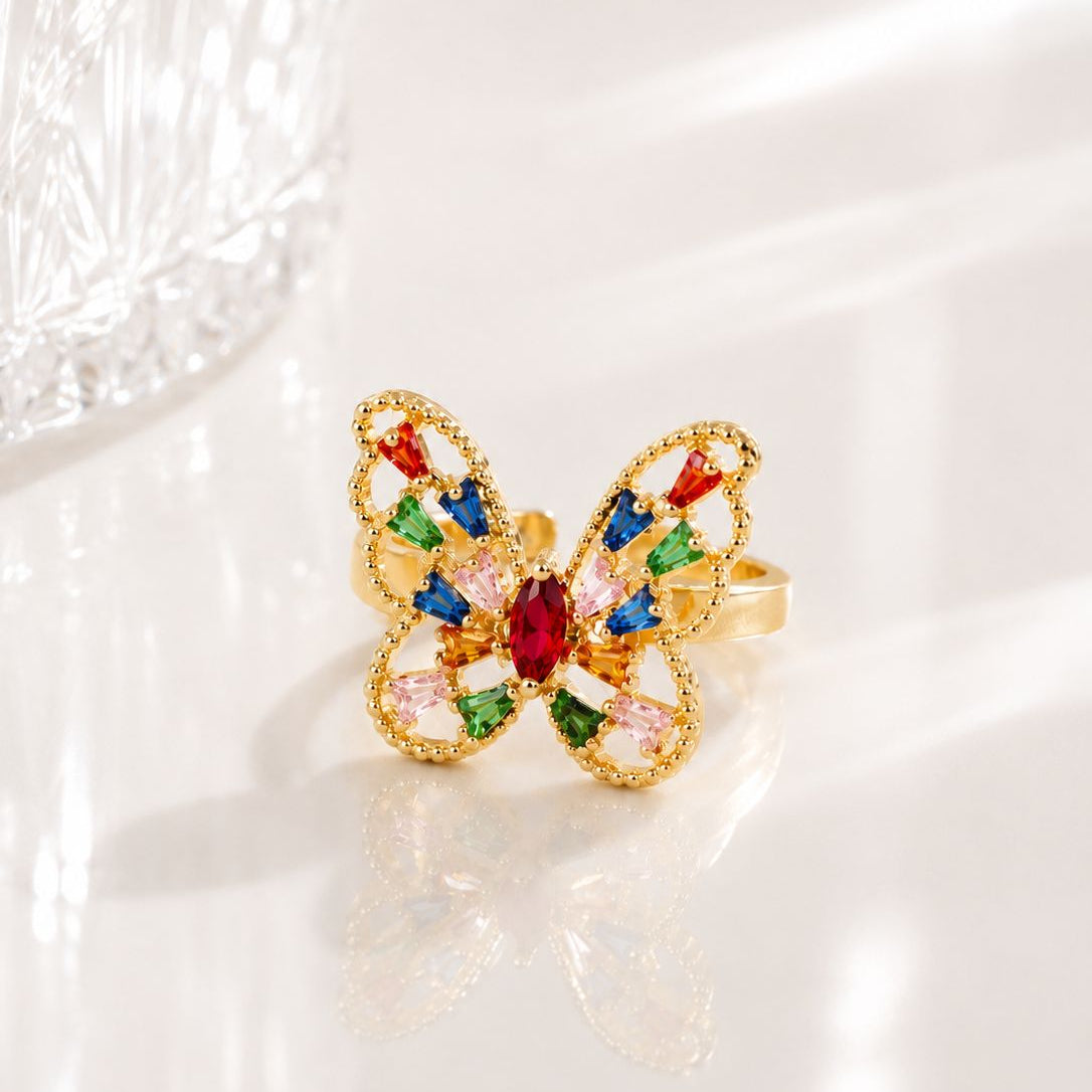 Multi-Colour Gold Plated Adjustable Butterfly Ring