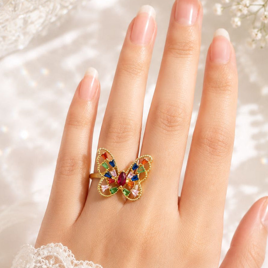 Multi-Colour Gold Plated Adjustable Butterfly Ring