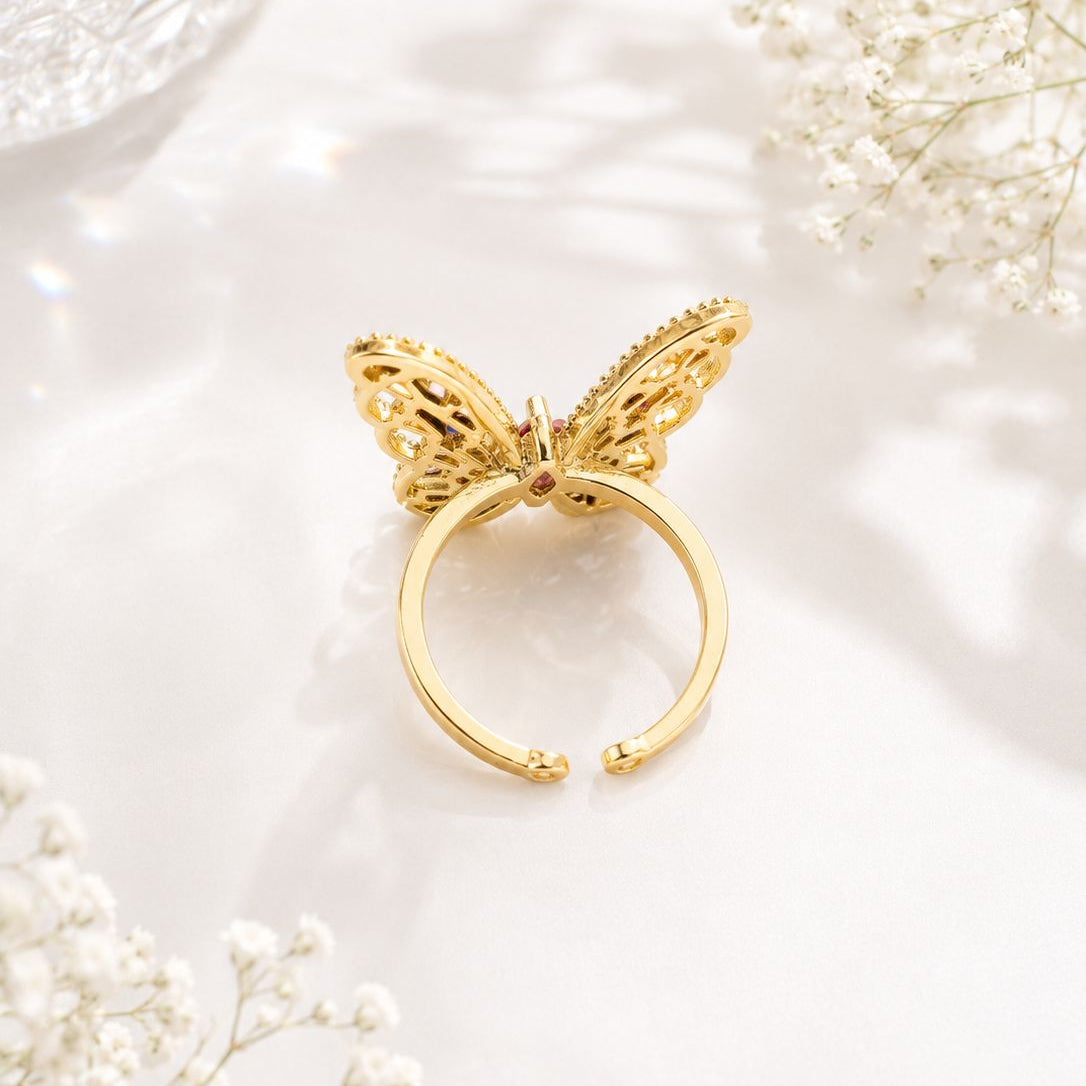 Multi-Colour Gold Plated Adjustable Butterfly Ring