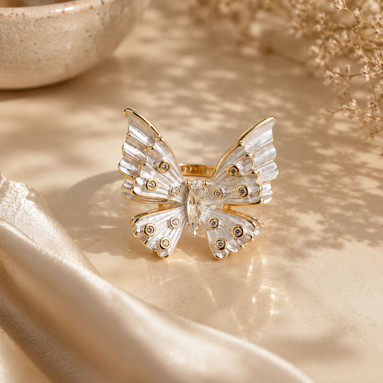 Gold Plated Adjustable White Enamel Statement Butterfly Ring