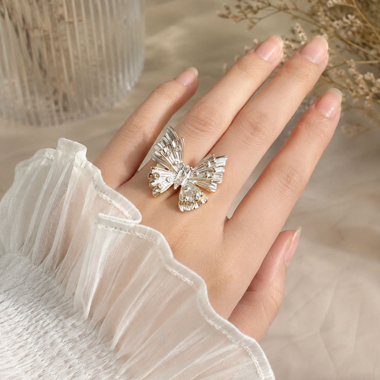 Gold Plated Adjustable White Enamel Statement Butterfly Ring