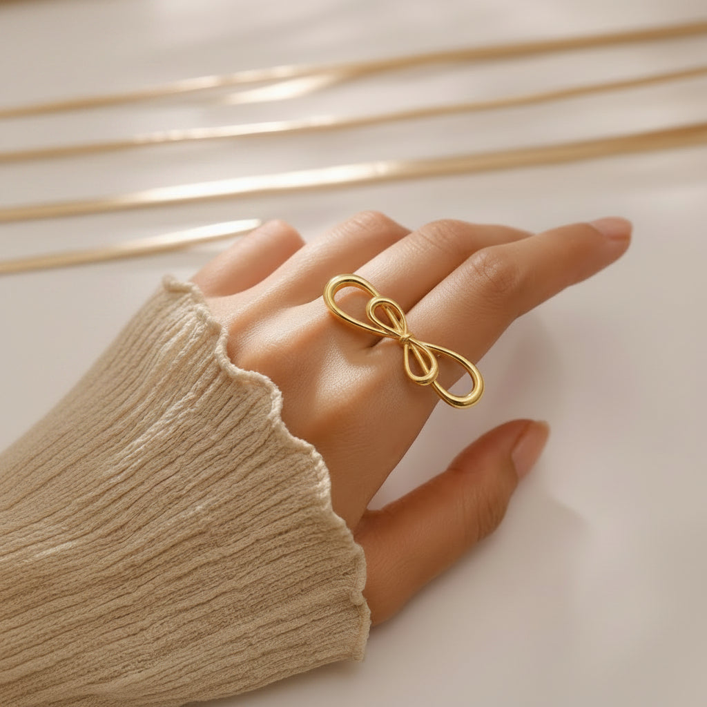 Gold Plated Adjustable Bow Knot Statement Ring