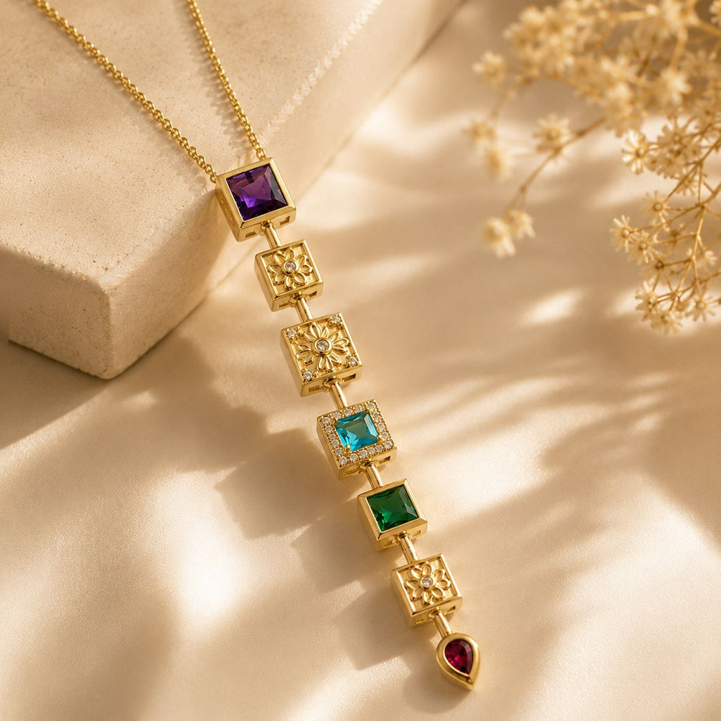 Gold Plated Square Multicolor Stone Chain Necklace