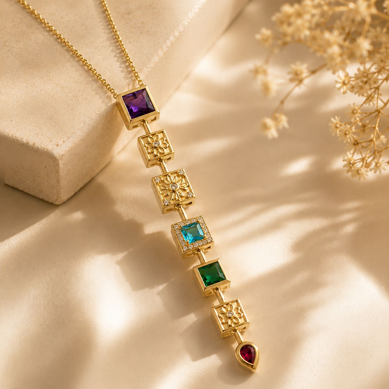 Gold Plated Square Multicolor Stone Chain Necklace