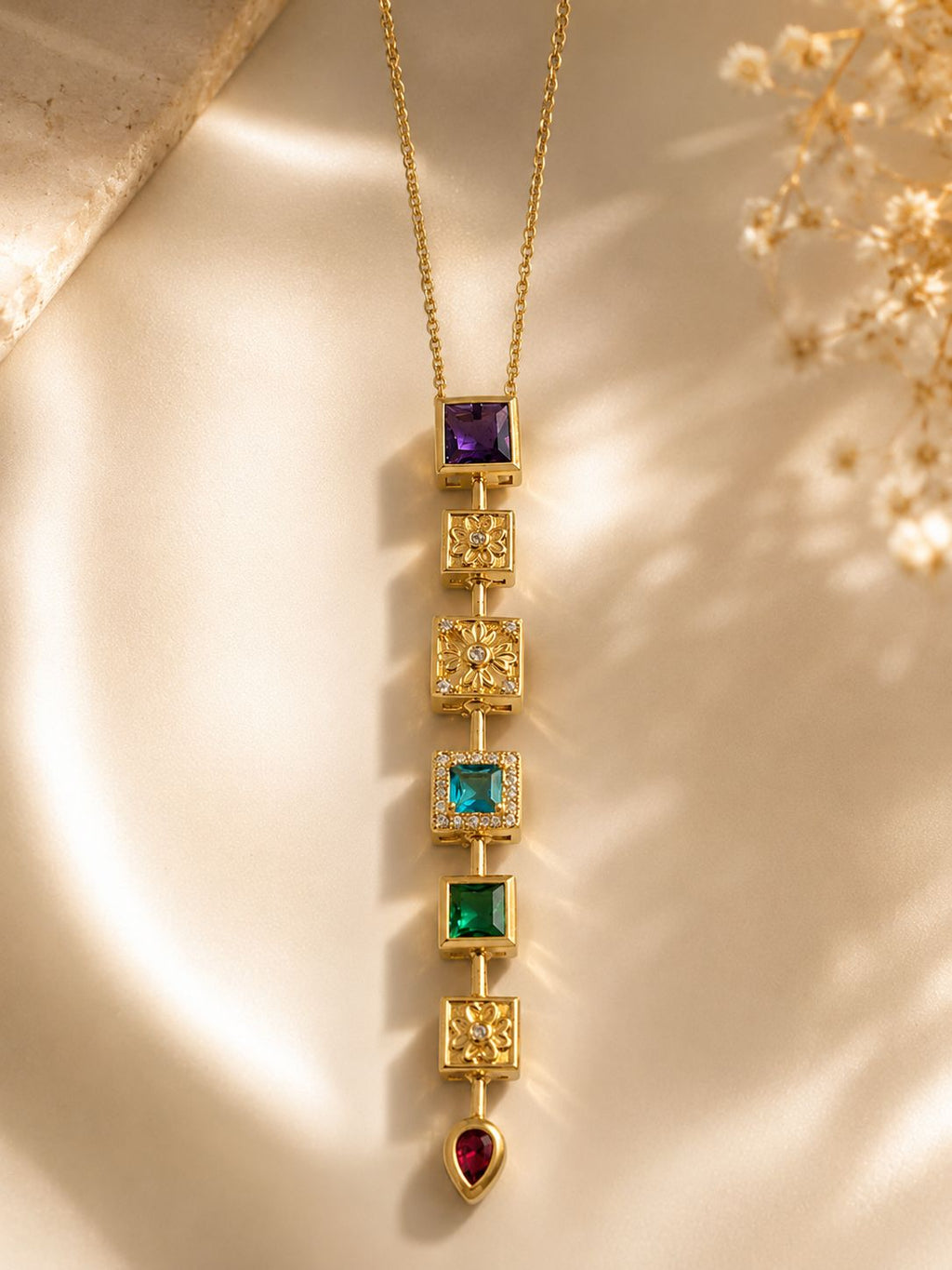 Gold Plated Square Multicolor Stone Chain Necklace