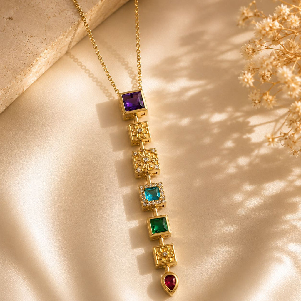 Gold Plated Square Multicolor Stone Chain Necklace