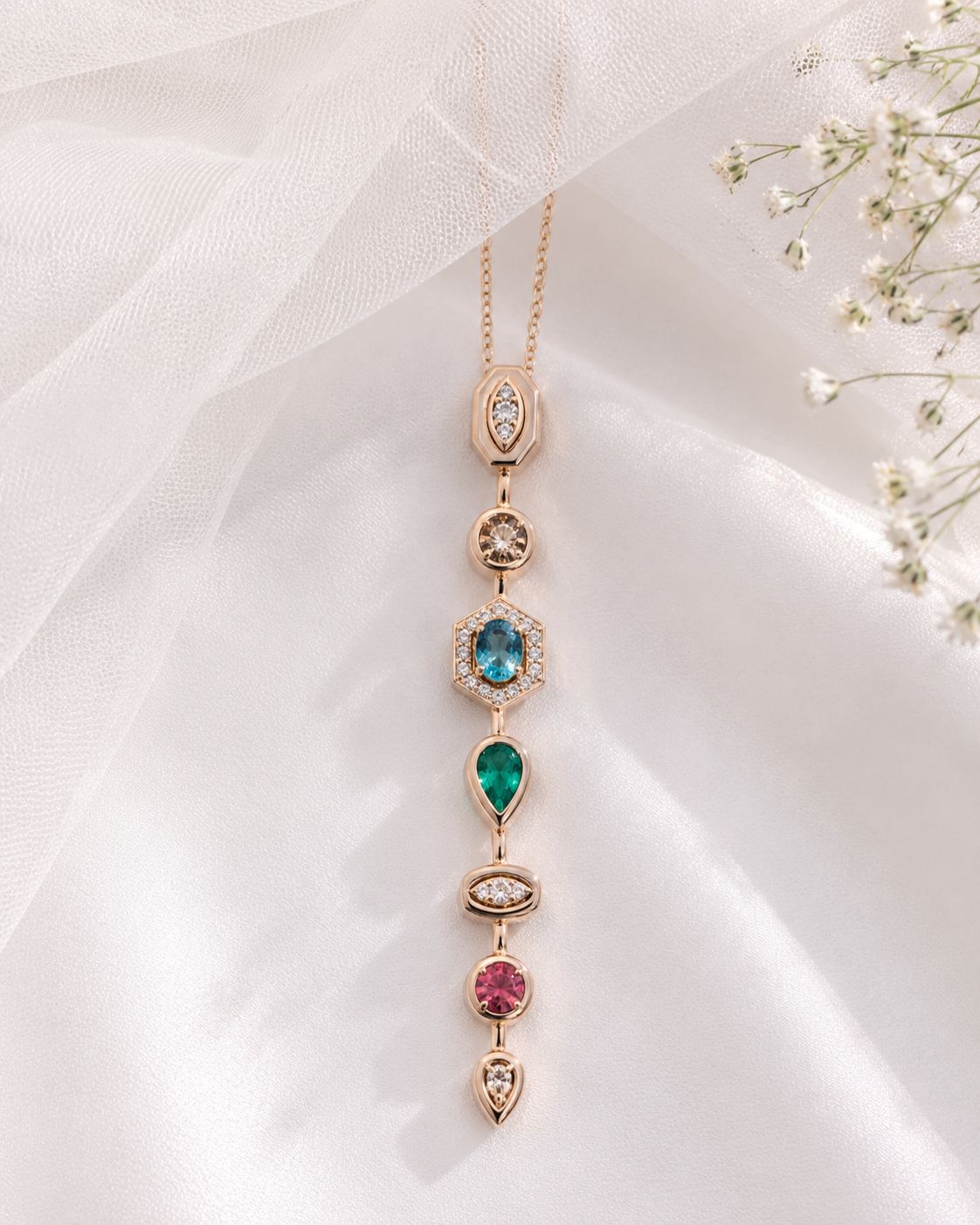 Multi-Shape Geometric Gemstone Vertical Lariat Pendant Necklace | Gold Plated| Anti Tarnish