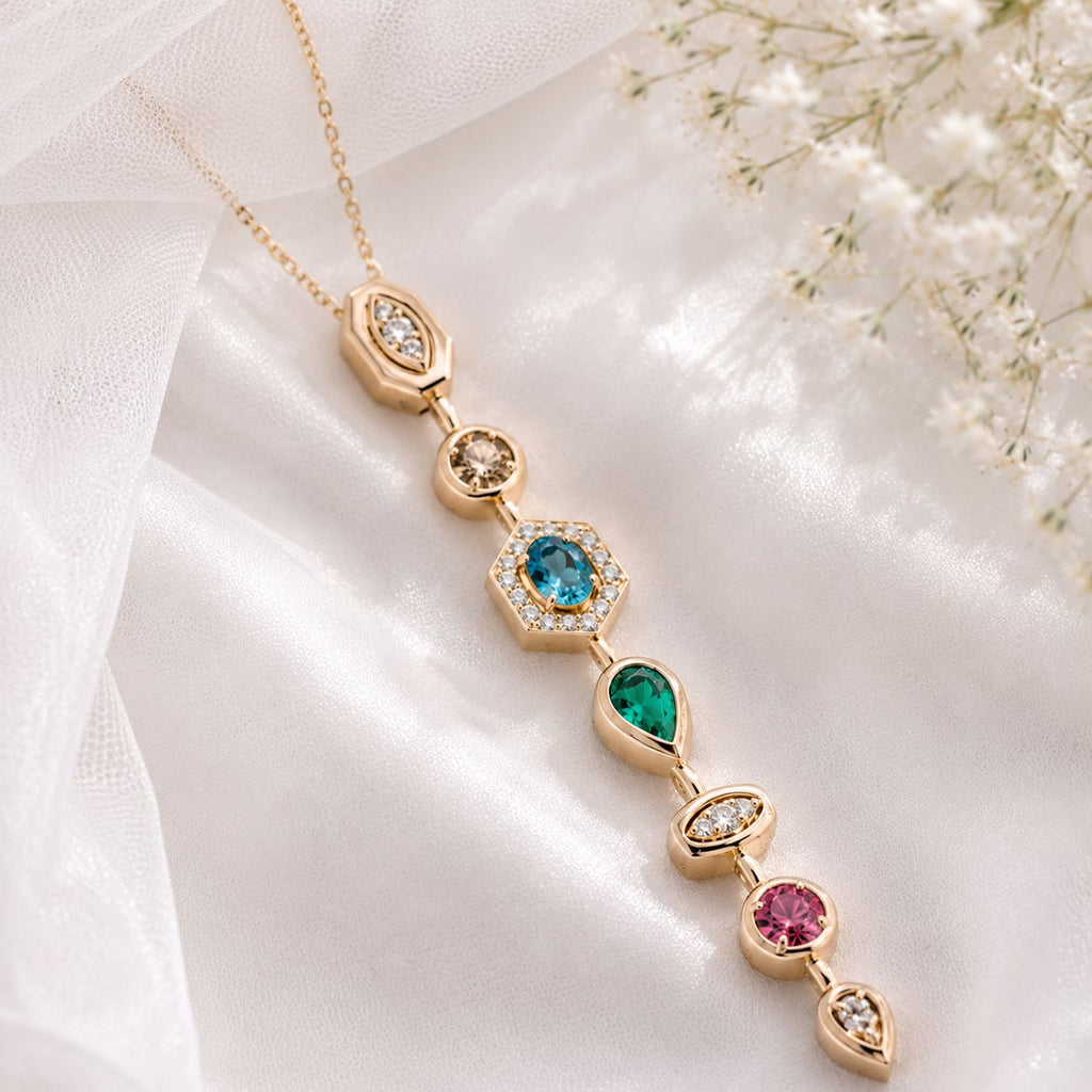 Multi-Shape Geometric Gemstone Vertical Lariat Pendant Necklace | Gold Plated| Anti Tarnish