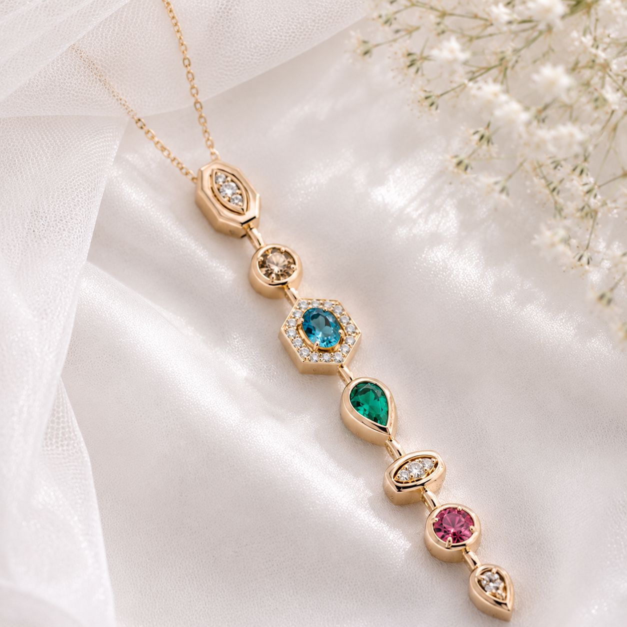 Multi-Shape Geometric Gemstone Vertical Lariat Pendant Necklace | Gold Plated| Anti Tarnish