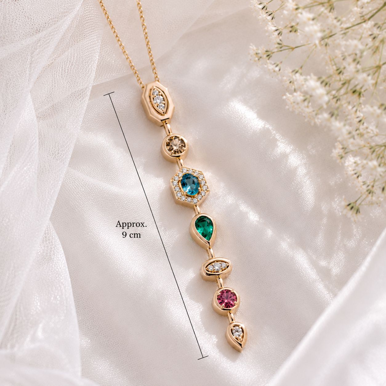 Multi-Shape Geometric Gemstone Vertical Lariat Pendant Necklace | Gold Plated| Anti Tarnish