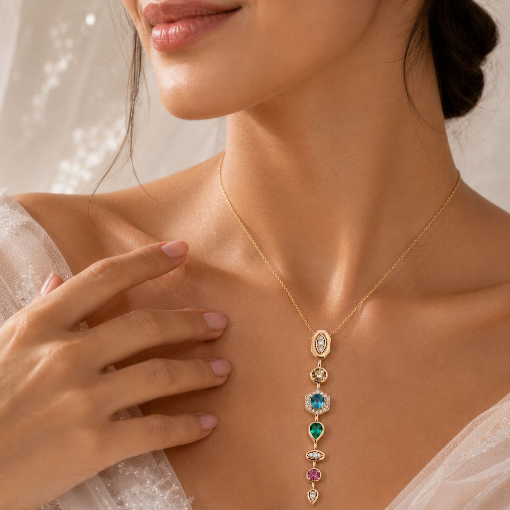 Multi-Shape Geometric Gemstone Vertical Lariat Pendant Necklace | Gold Plated| Anti Tarnish