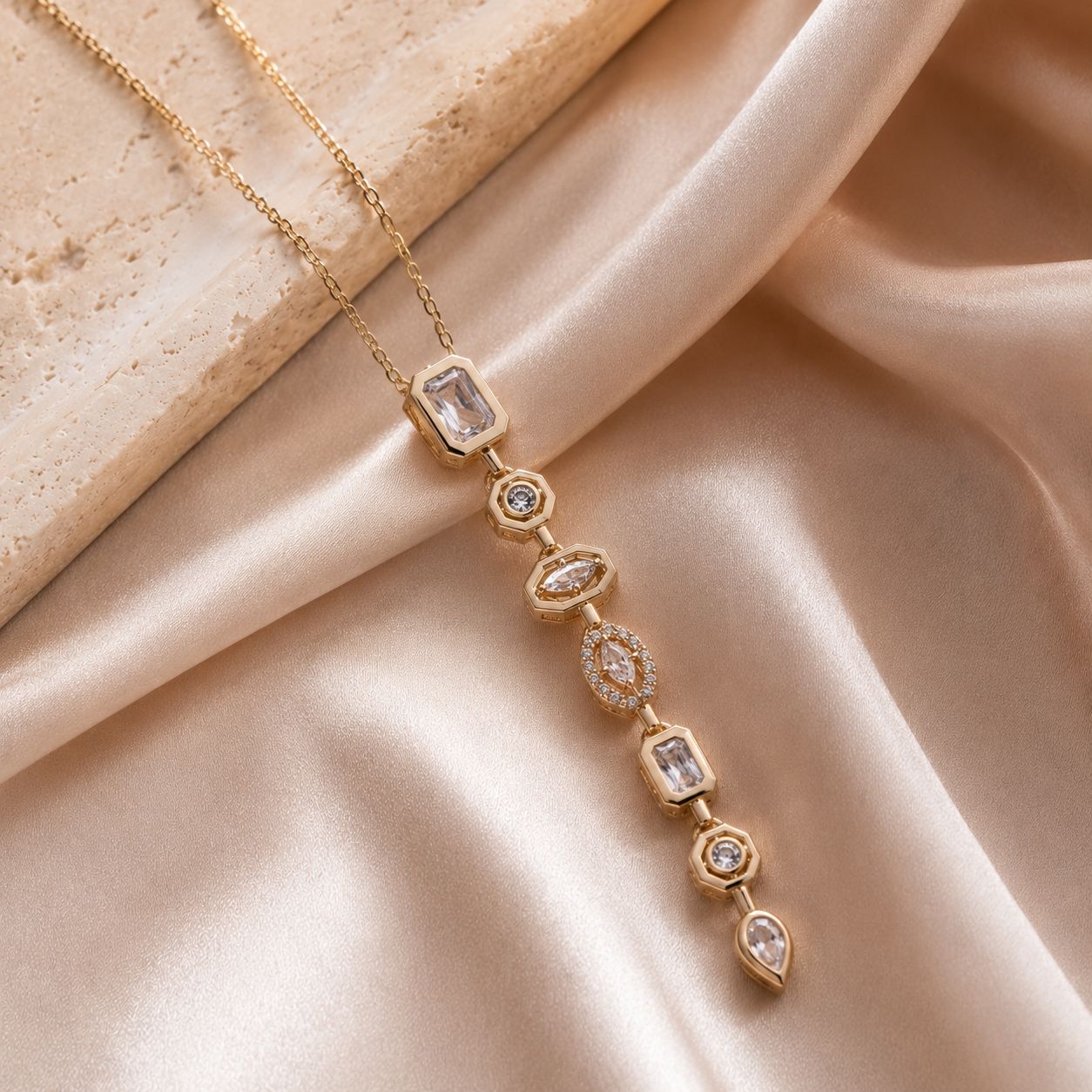 Clear White Multi-Shape Linear Drop Necklace | Gold Plated| Anti Tarnish