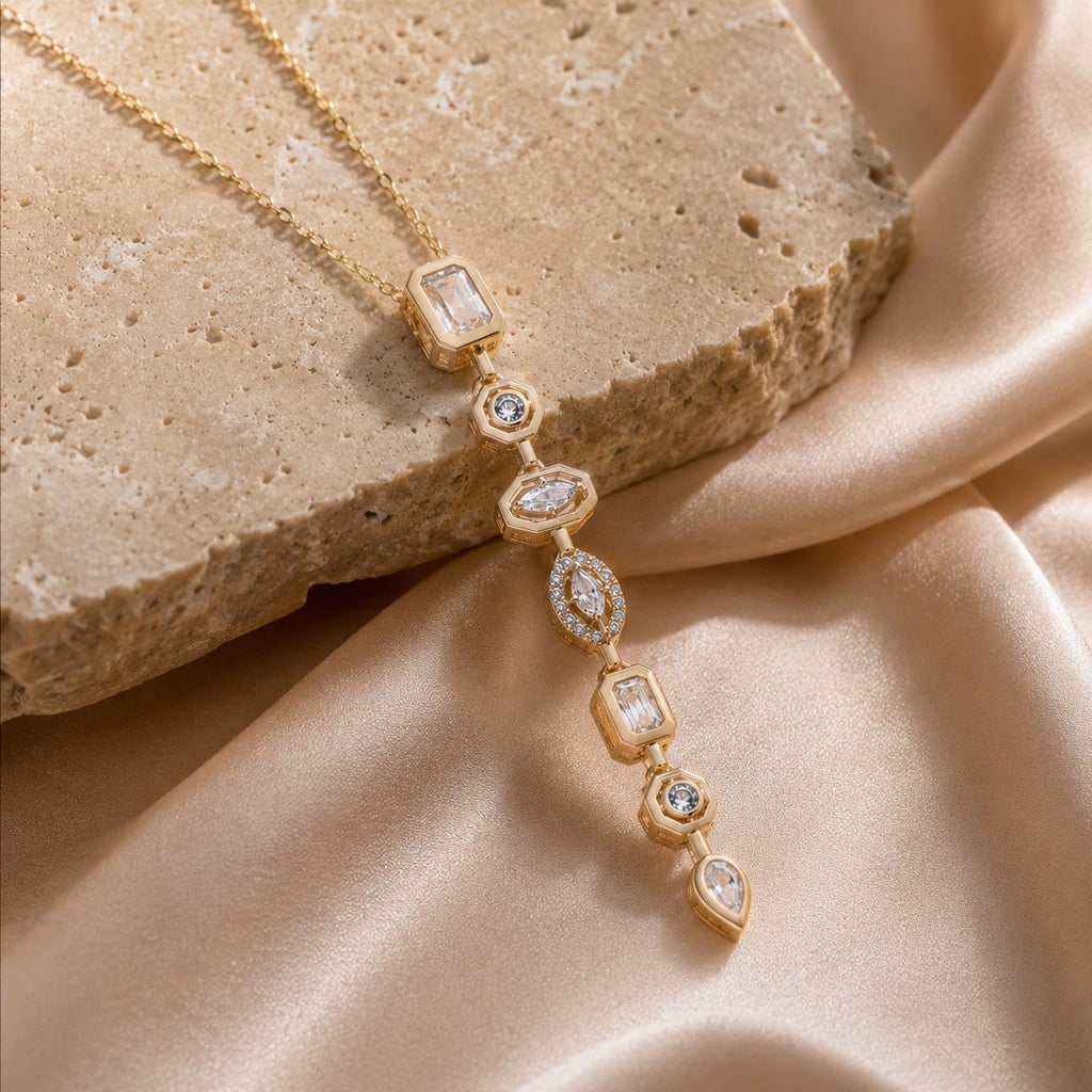 Clear White Multi-Shape Linear Drop Necklace | Gold Plated| Anti Tarnish