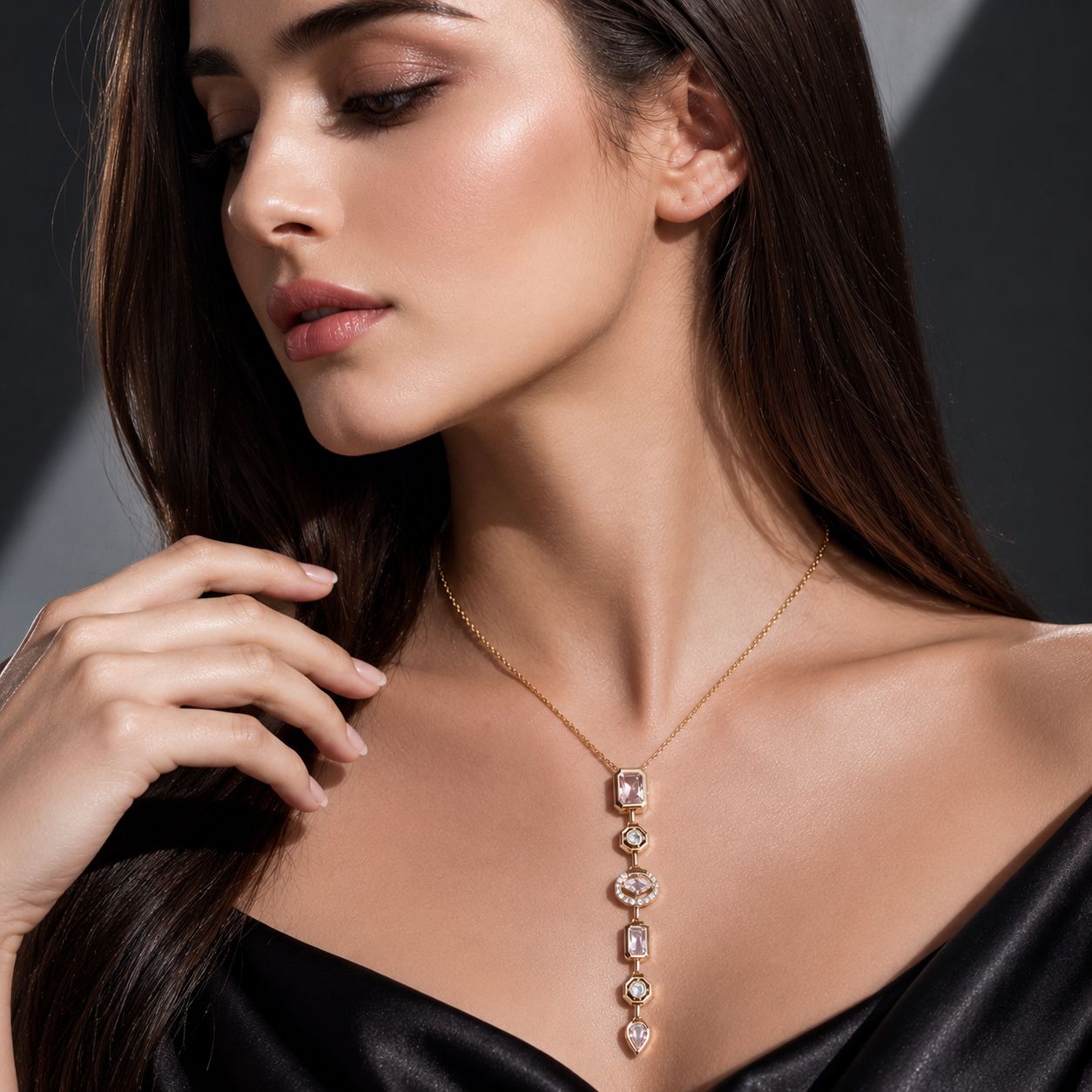 Clear White Multi-Shape Linear Drop Necklace | Gold Plated| Anti Tarnish