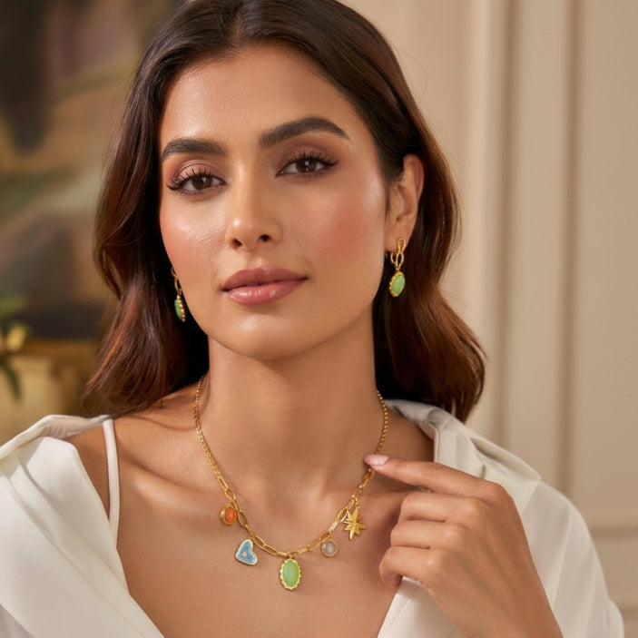 Link Chain Necklace With A Heart  And Colorful Gemstone charms
