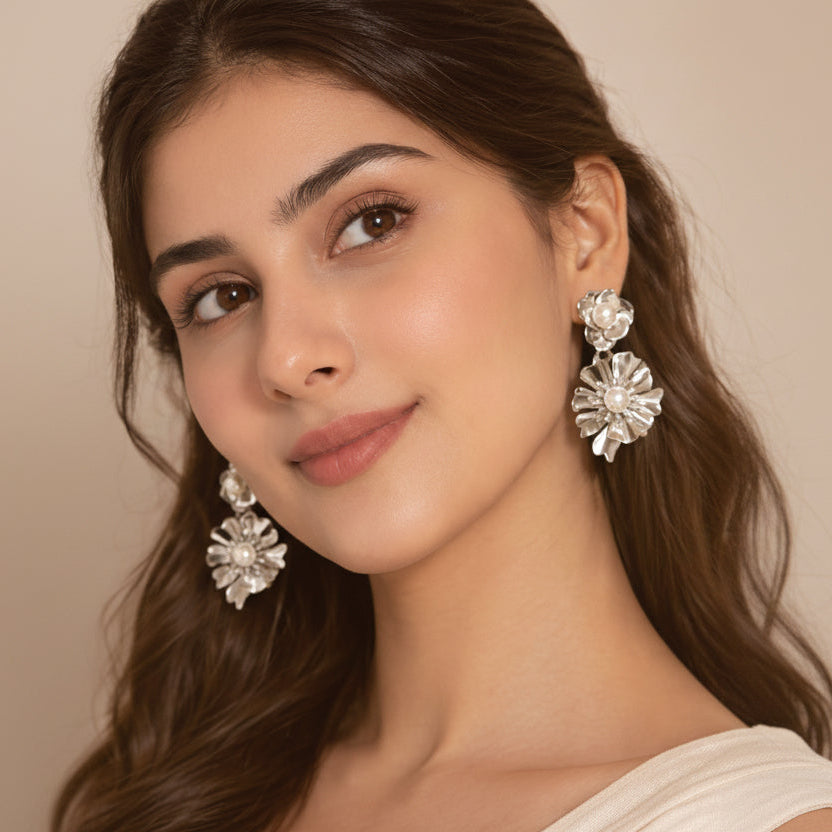 Silver Bloom Statement Earrings with Luminous Pearl Accents