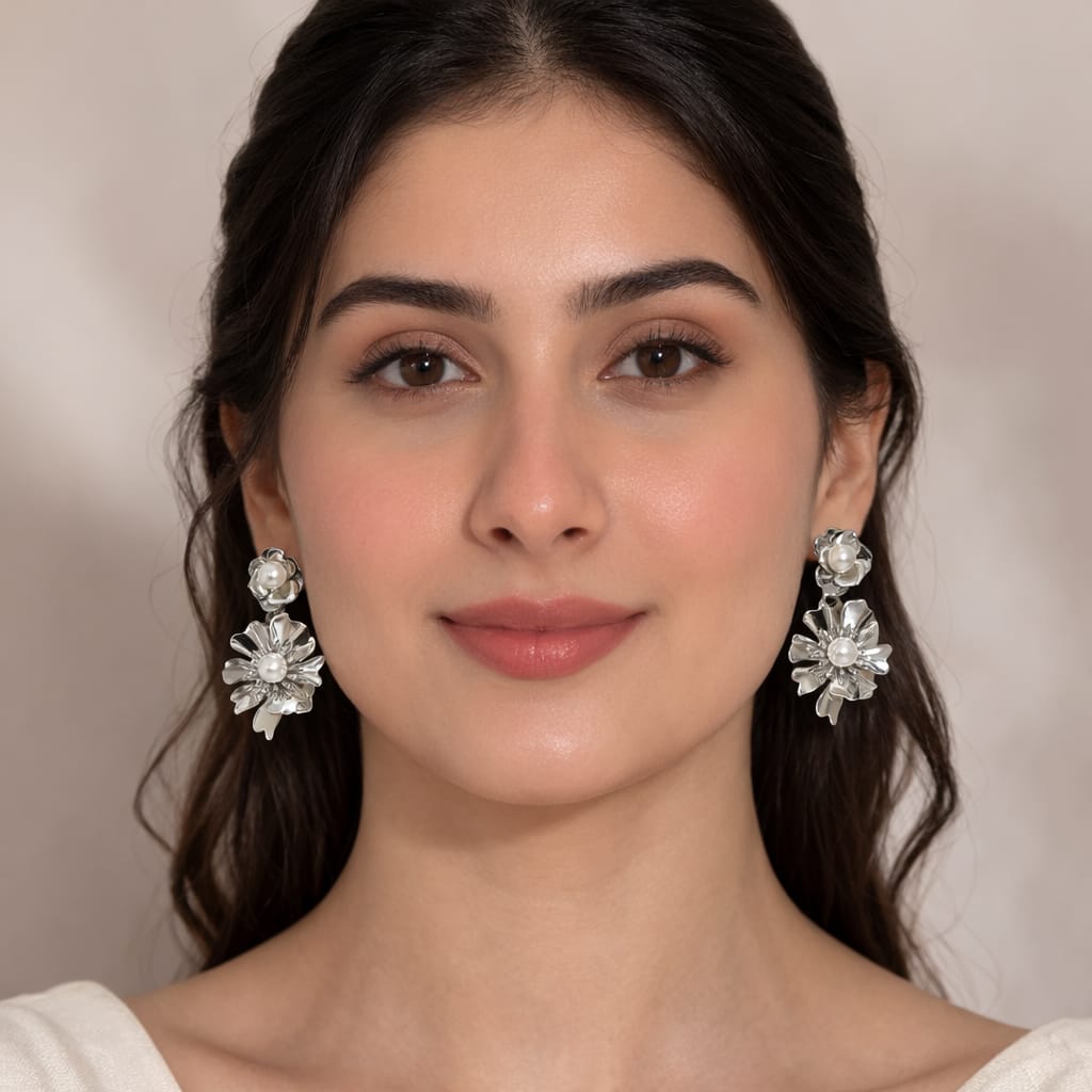 Silver Bloom Statement Earrings with Luminous Pearl Accents