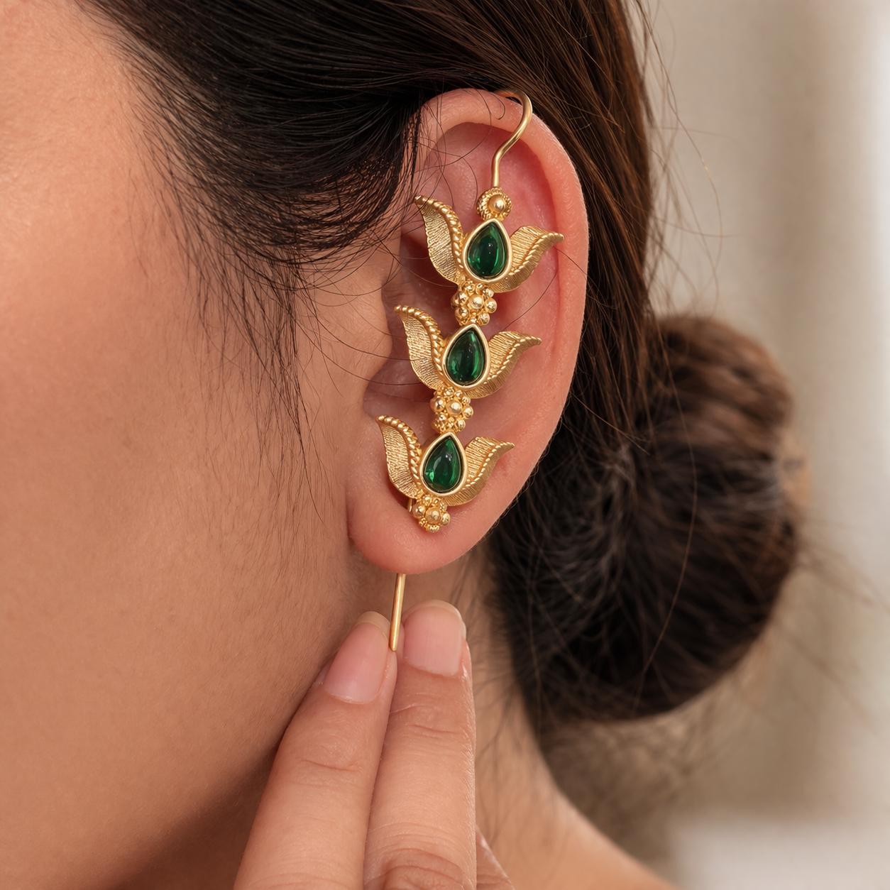 Majestic Green Triple-Tiered Lotus Needle Earcuffs