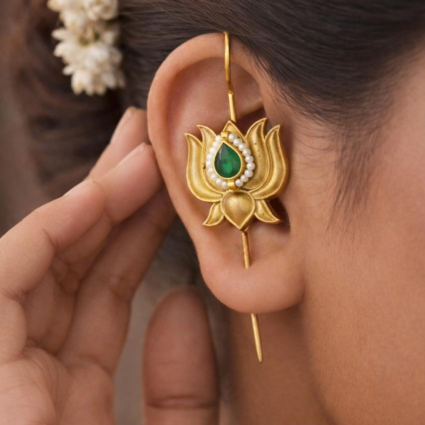Majestic Green Lotus Needle Earcuffs