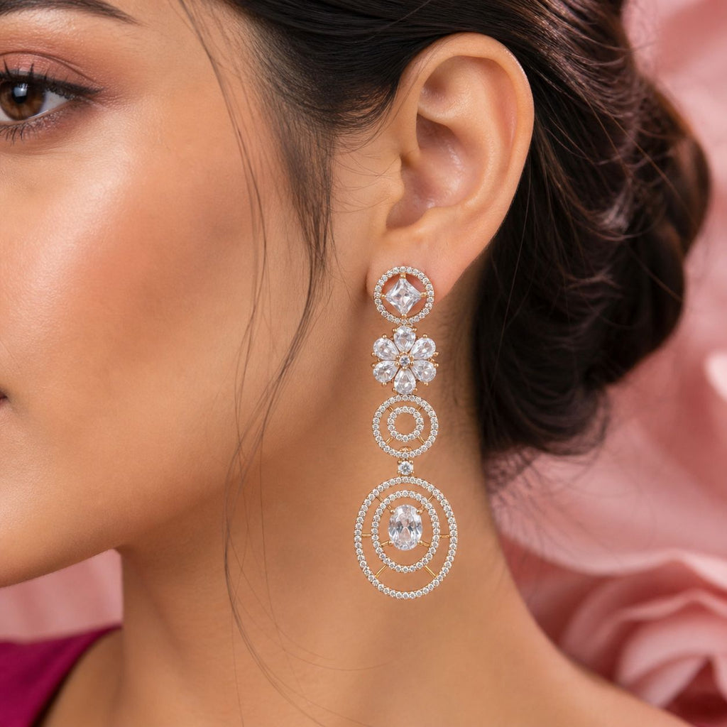 All-White AD Dangle Earrings ( in Rhodium & Mehandi Plating)