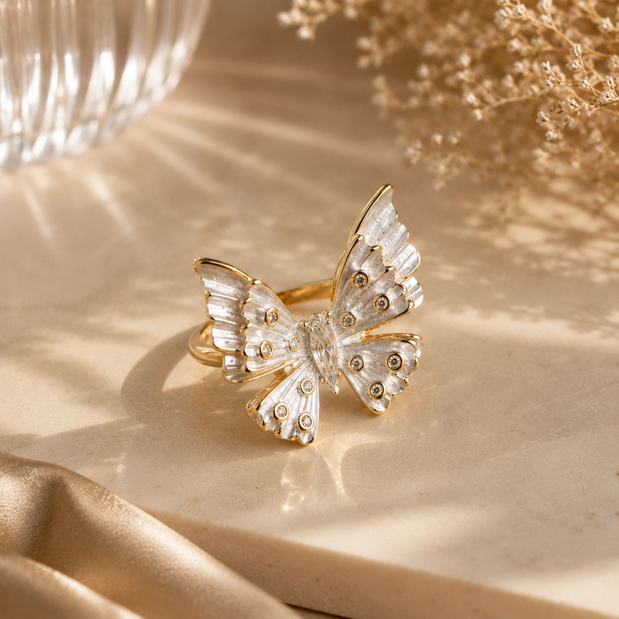 Gold Plated Adjustable White Enamel Statement Butterfly Ring