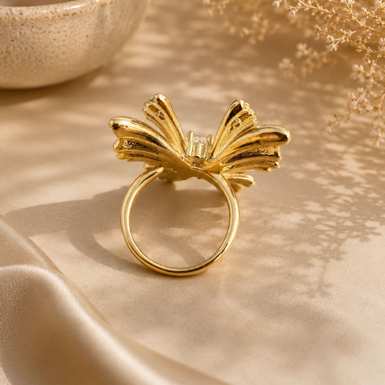 Gold Plated Adjustable White Enamel Statement Butterfly Ring