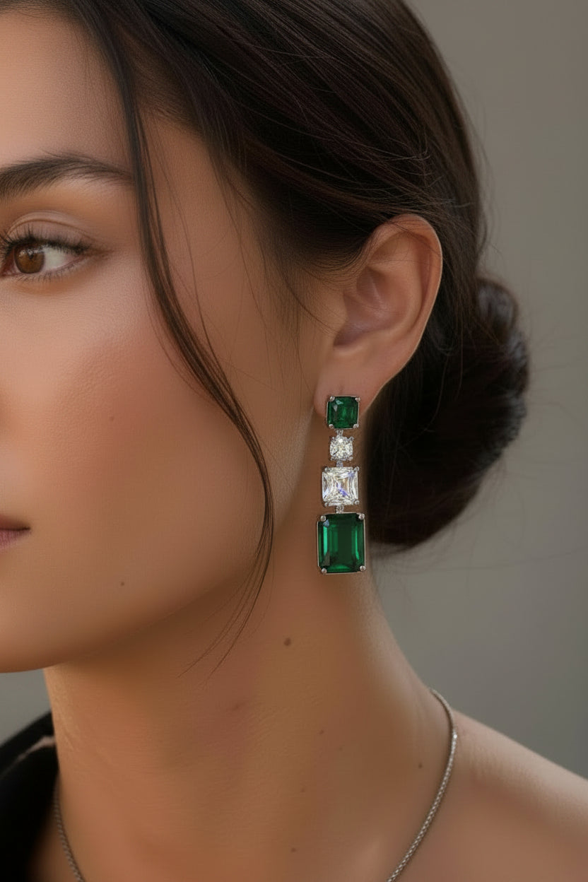 Envy Green Silver Plated Geometric AD Earrings