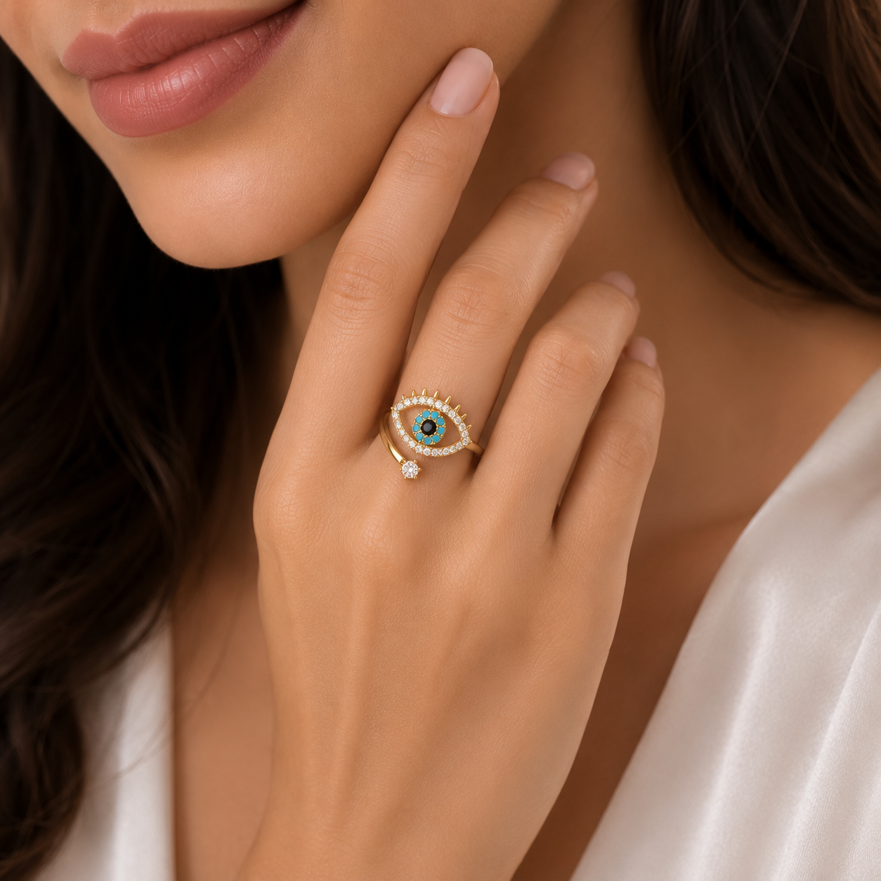 Gold Plated Evil Eye Adjustable Finger Ring
